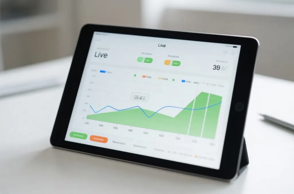 Close-up of a tablet screen showing generic live sports statistics graphs and match timeline, on a clean desk, soft natural light, professional editorial look