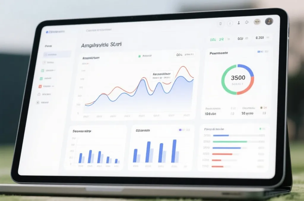Analytical sports statistics dashboard on a screen showing generic soccer match performance data